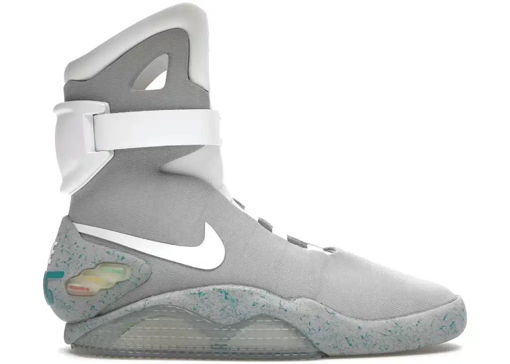 A side view of a grey Nike Mag Back to the Future Sneaker