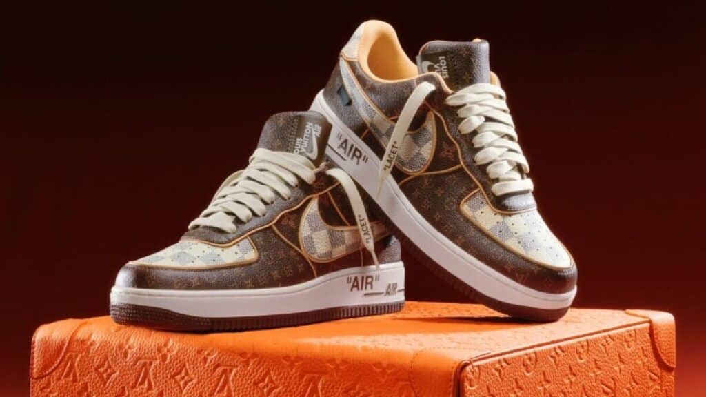 A view of brown Louis Vuitton x Nike Air Force S sneakers