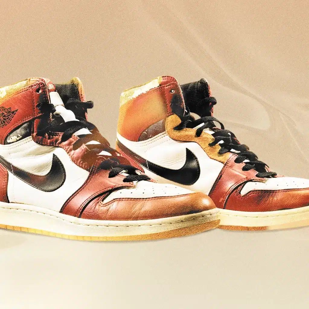 A view of brown gold and white nike MJ's Secret Stuff sneakers