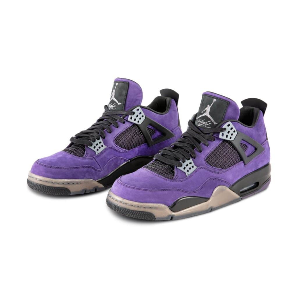 A view of purple Nike Air Jordan Travis Scott Shoes