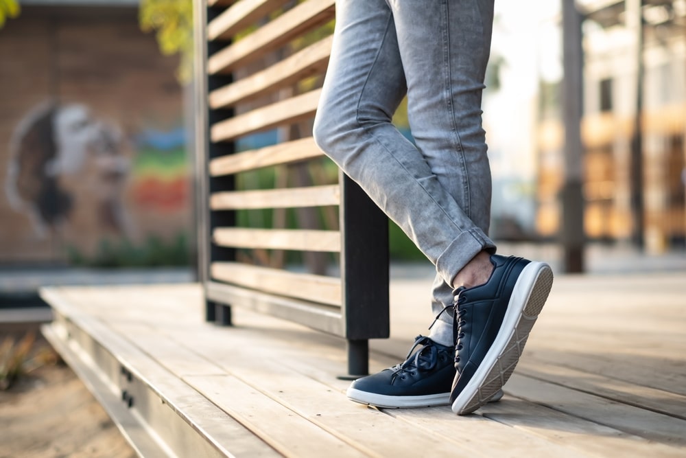 Lonely Solo Man Standing Wearing Jeans Denim And Shoes Waiting